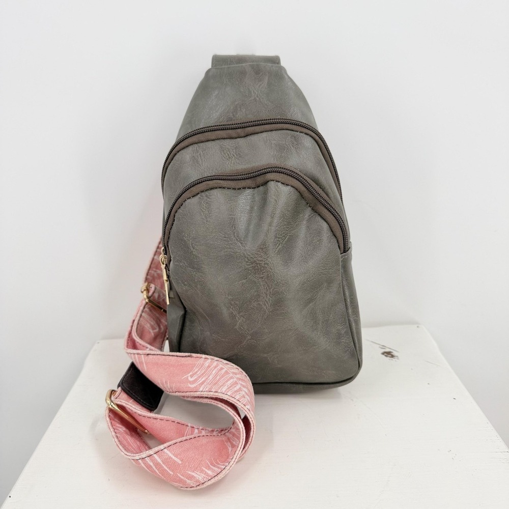 Womens Sling Bag Small‎ Gray Faux Leather Pink Strap Crossbody Casual Travel